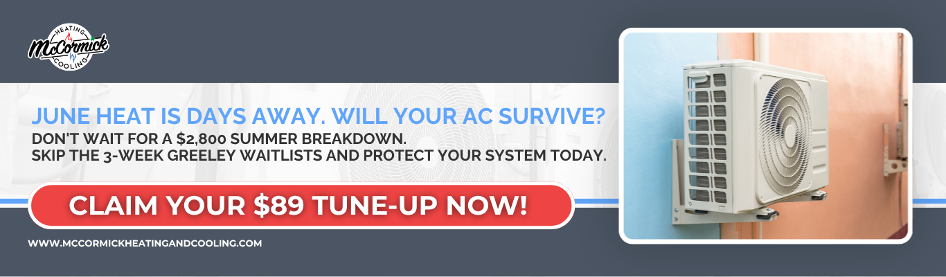 Website banner urging immediate action for spring AC maintenance Greeley to skip June waitlists and claim an $89 tune-up.