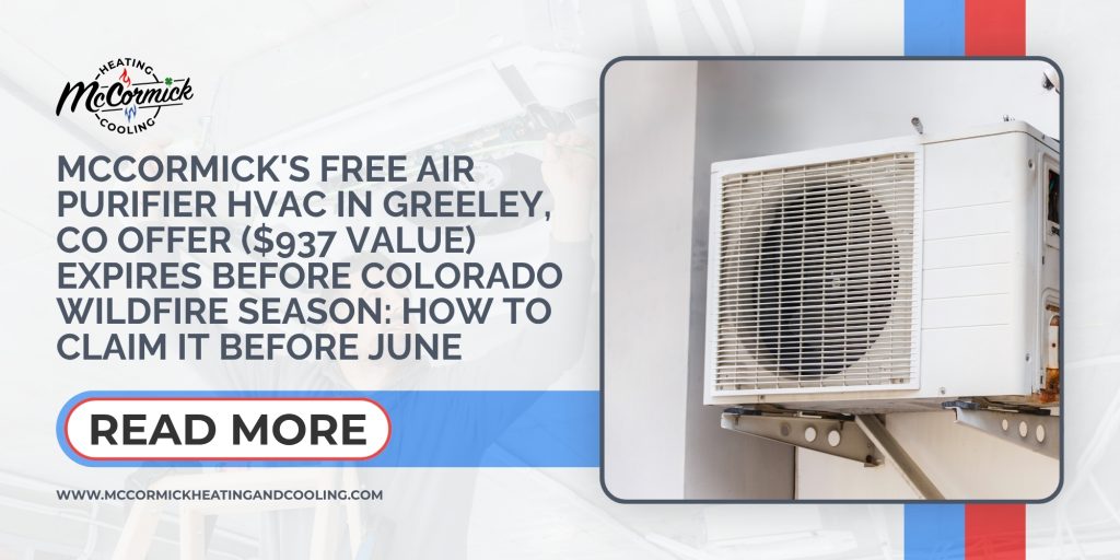 Close-up of an outdoor HVAC unit with text promoting a free air purifier HVAC in Greeley, CO for residents