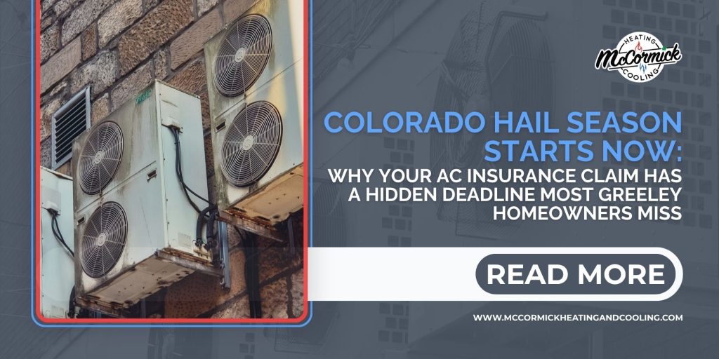 Blog header image showing AC units on a brick wall with a headline about hail damage AC insurance claim Colorado deadlines