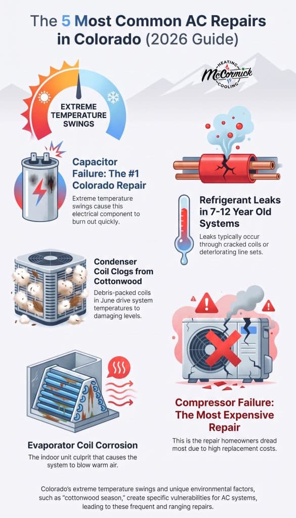 Infographic listing the 5 most common AC repairs in Colorado, including capacitor failure, leaks, and coil corrosion