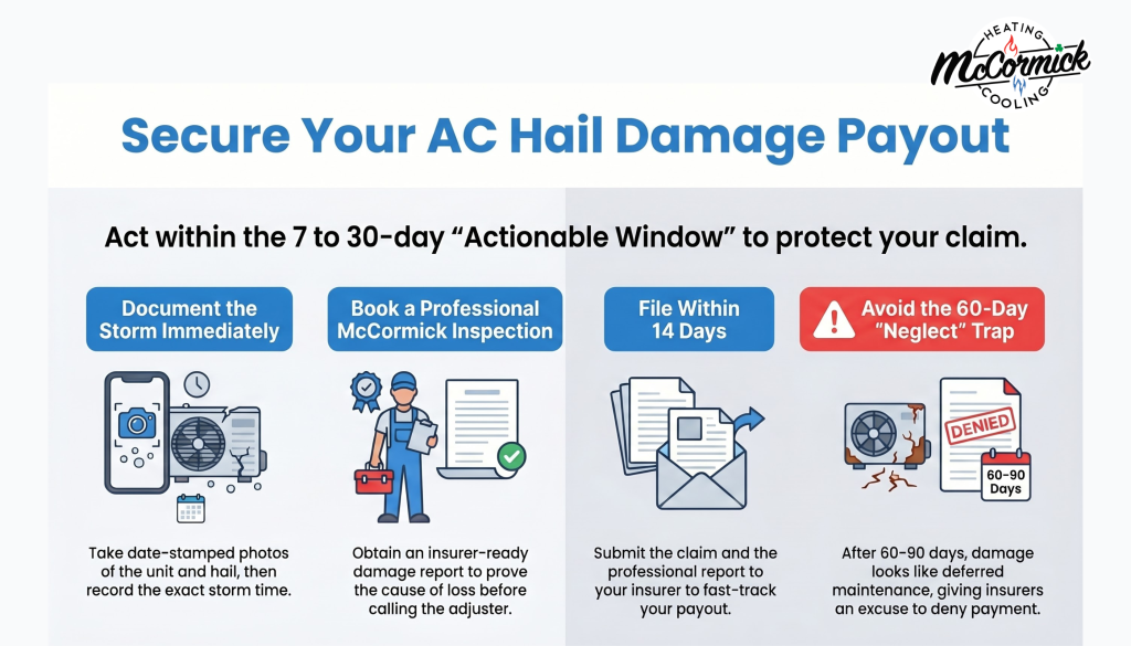 Infographic showing 4 steps: document, inspect, file, and avoid neglect for your hail damage AC insurance claim Colorado