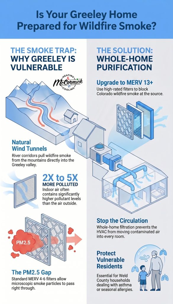 Infographic explaining why Greeley homes need MERV 13 whole-house air purifiers to block wildfire smoke