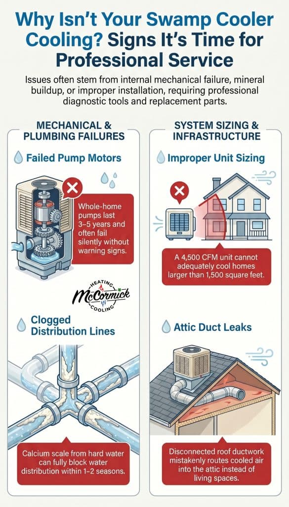 Infographic detailing evaporative cooler issues like failed pump motors, clogged lines, and duct leaks