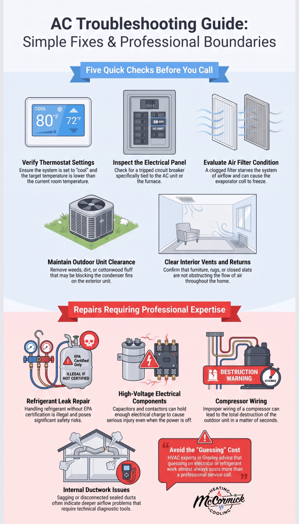 AC troubleshooting guide for air conditioning service in Greeley, CO showing DIY checks vs pro repairs