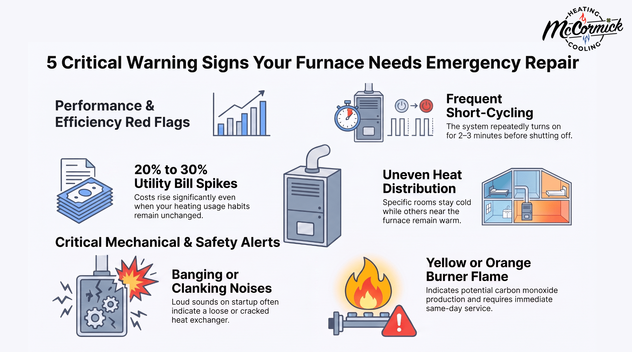 5 furnace emergency repair signs like short-cycling, high bills, noises, and yellow flame