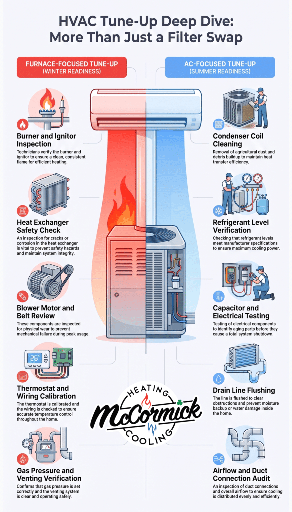 Infographic detailing what is included in our HVAC tune up specials for AC and furnace maintenance