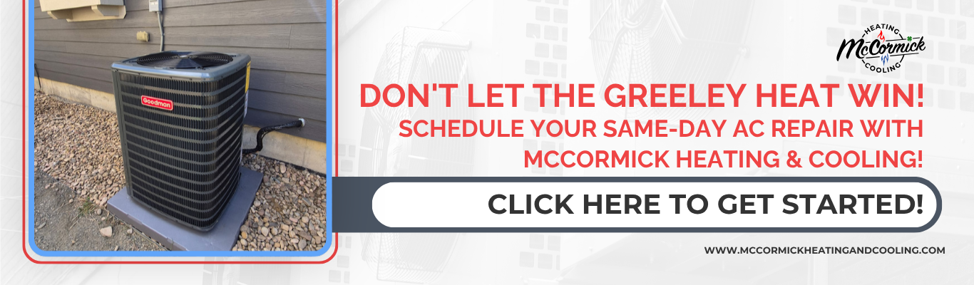 Banner offering same-day repair in Greeley for an ac not turning on, featuring a Goodman unit