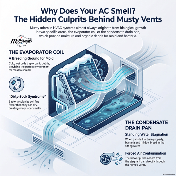 Infographic explaining why your ac smells musty, showing mold on the evaporator coil and drain pan