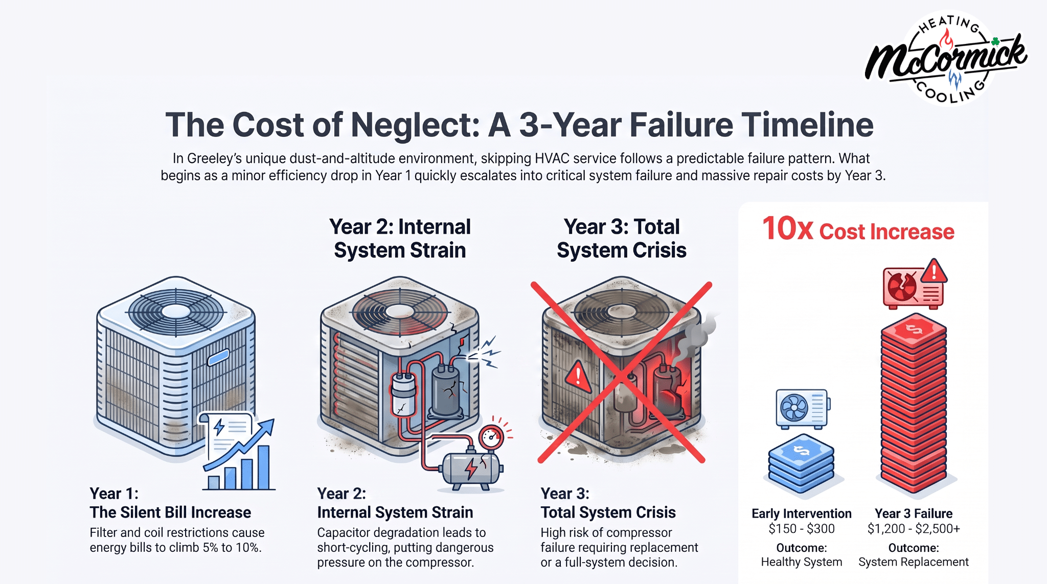 Infographic showing a 3-year HVAC failure timeline from neglected maintenance, showing increasing repair costs.