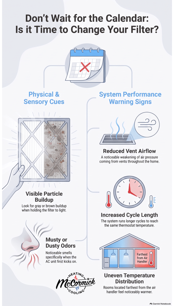 Infographic showing signs for how often to change an AC filter, like odors and poor airflow.