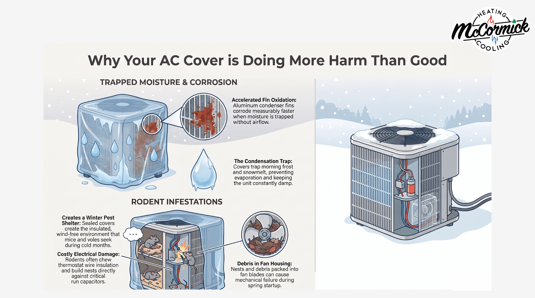 Infographic showing how sealed winter AC covers trap moisture, corrode coils, and invite rodent nests.