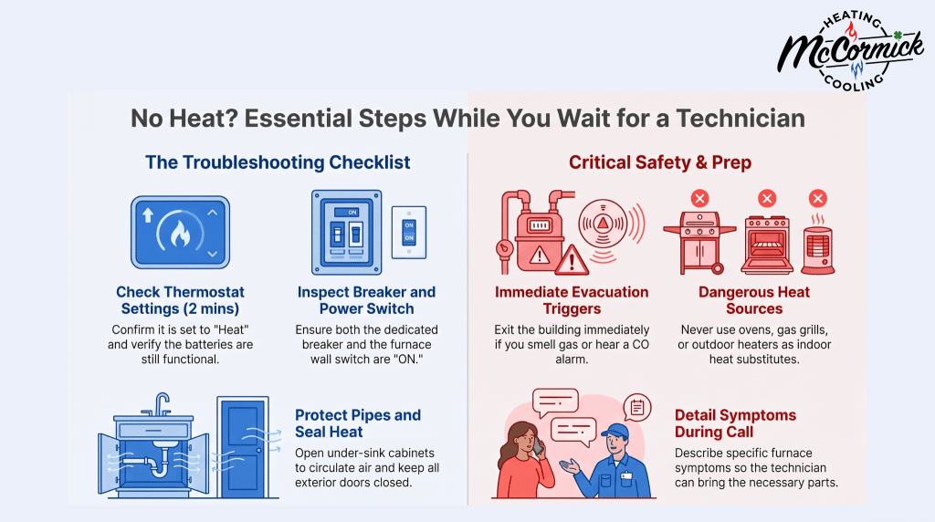 No-heat emergency furnace troubleshooting checklist and safety prep steps.