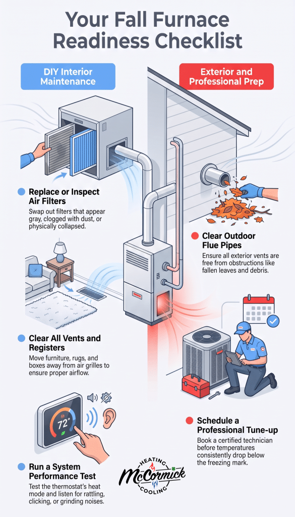 Fall HVAC maintenance checklist infographic showing DIY furnace and air filter prep