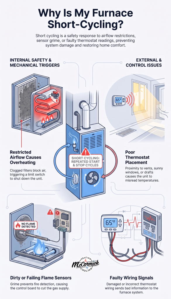 Infographic detailing common causes of furnace short cycling, like dirty flame sensors and clogged filters