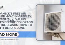Close-up of an outdoor HVAC unit with text promoting a free air purifier HVAC in Greeley, CO for residents