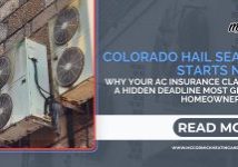 Blog header image showing AC units on a brick wall with a headline about hail damage AC insurance claim Colorado deadlines